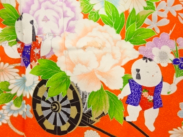 JAPANESE KIMONO / ANTIQUE KIMONO / FLOWER CART & GOSHO DOLL